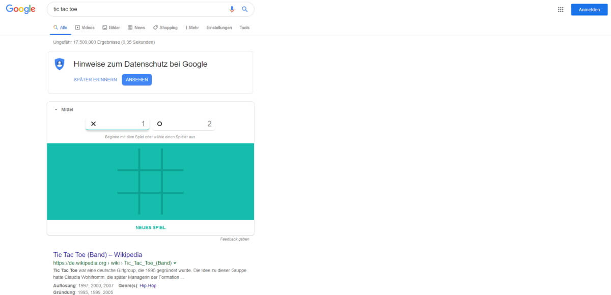 Google lässt Solitaire und Tic-Tac-Toe in der Suchmaschine